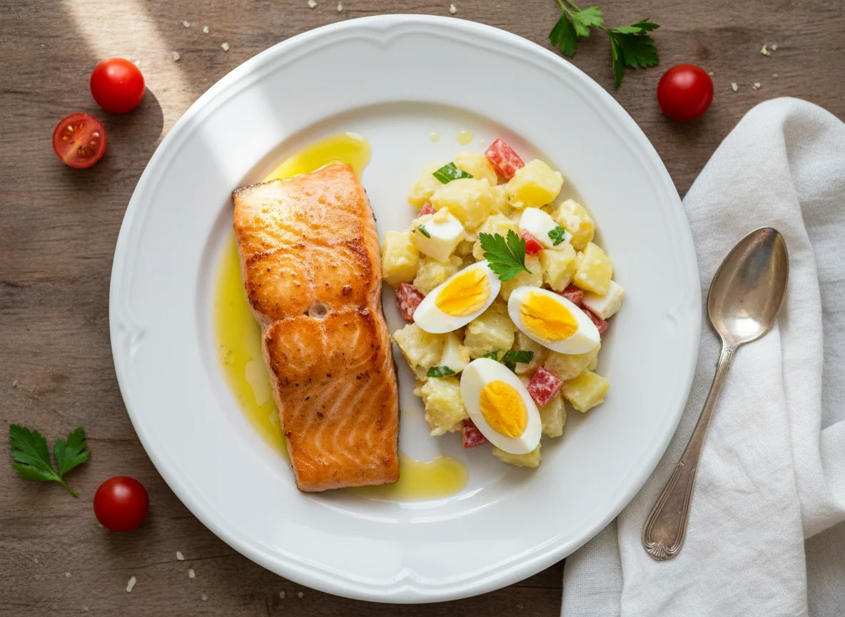 Salmón a la plancha con ensaladilla de patata y huevo photo