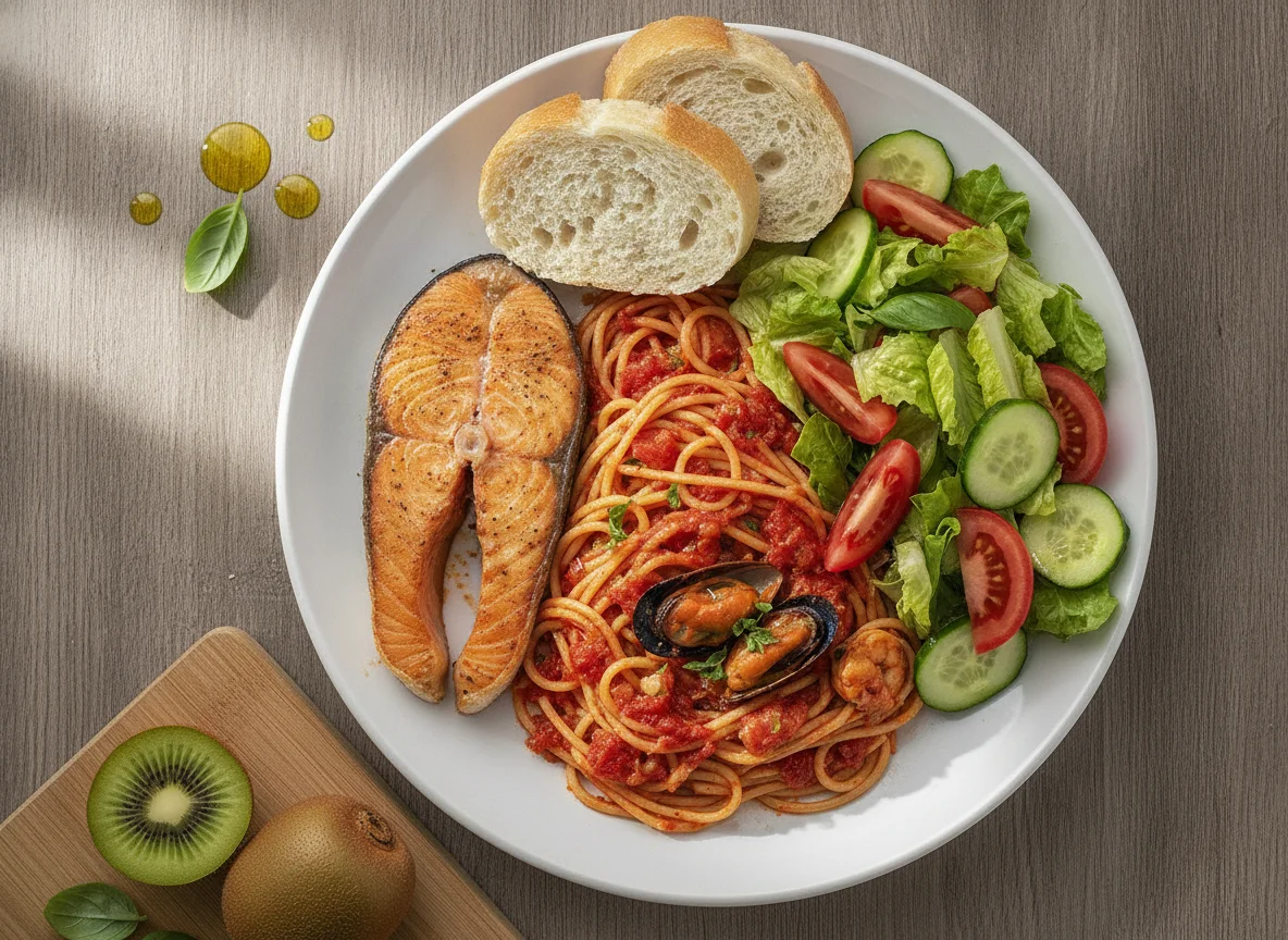 Salmón a la plancha con espaguetis a la marinara, ensalada y kiwi photo