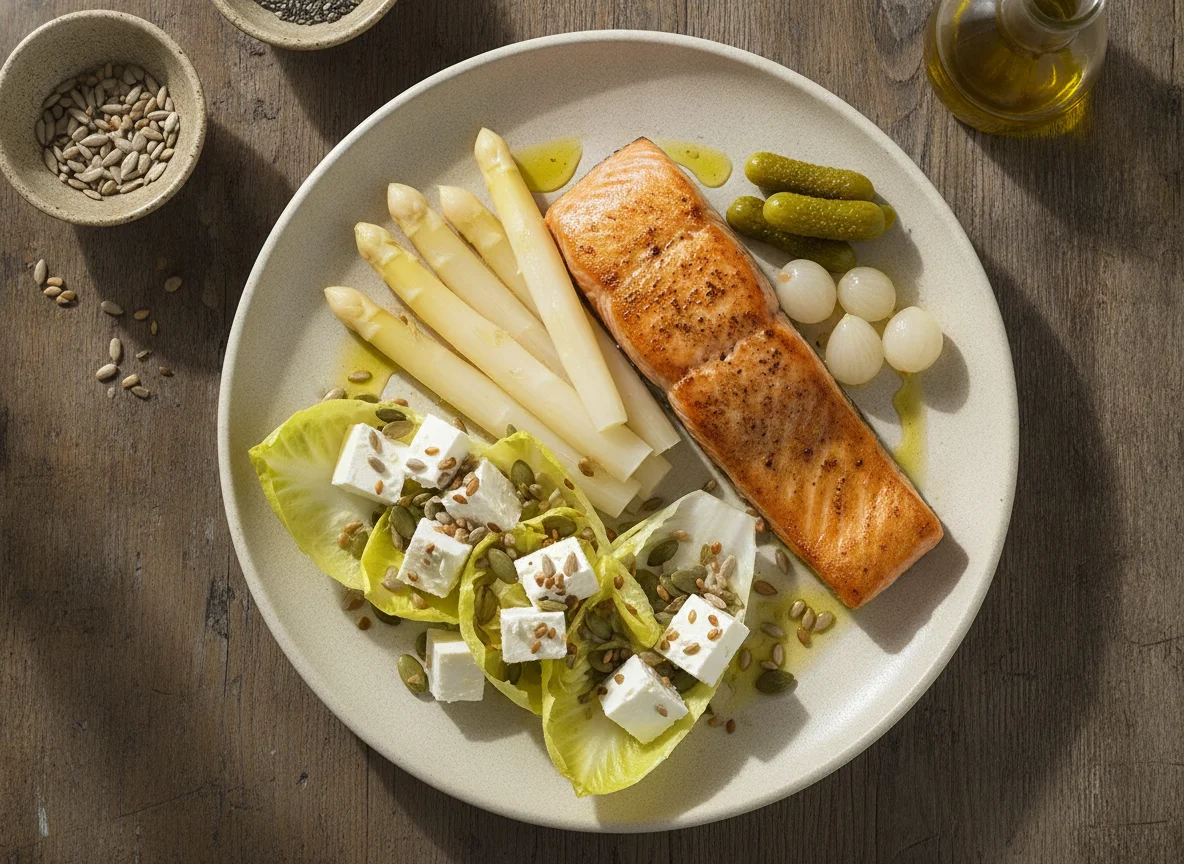 Salmón a la plancha con espárragos blancos y ensalada de endivias photo