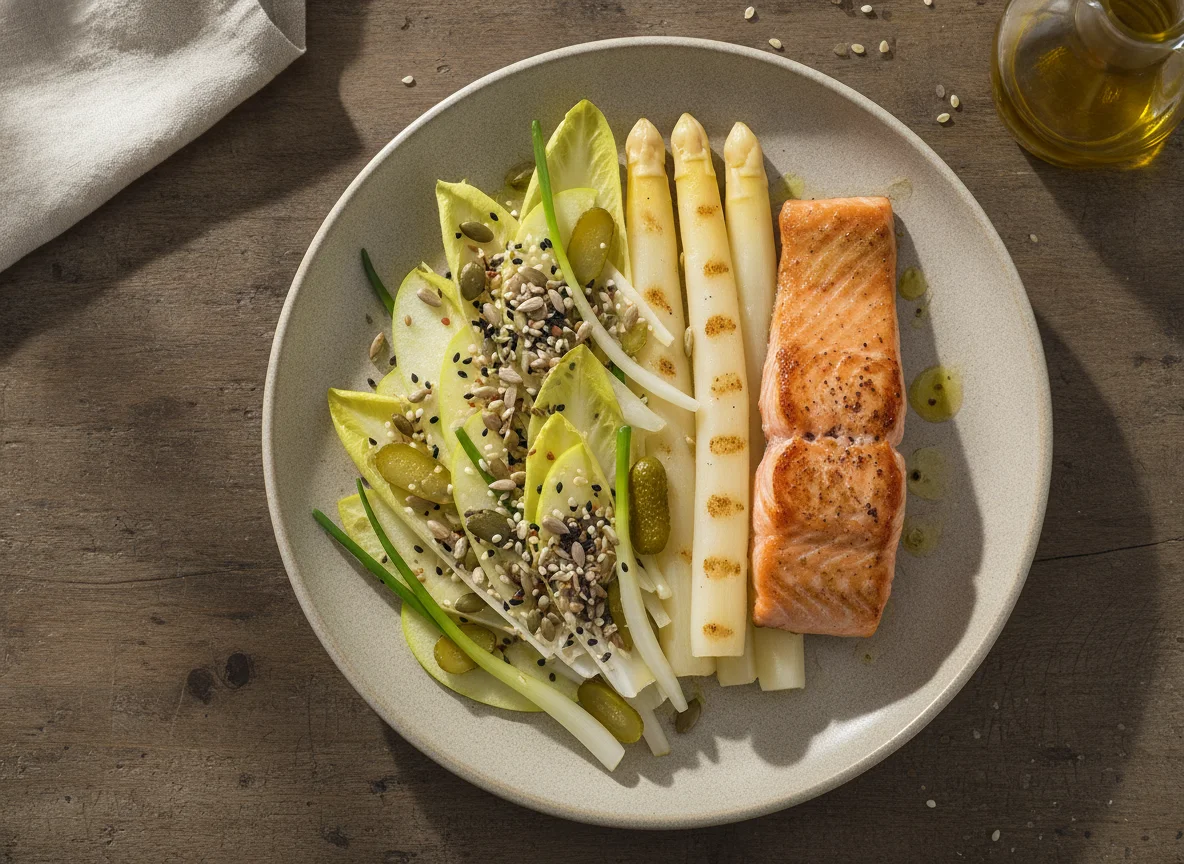 Salmón a la plancha con espárragos blancos y ensalada photo
