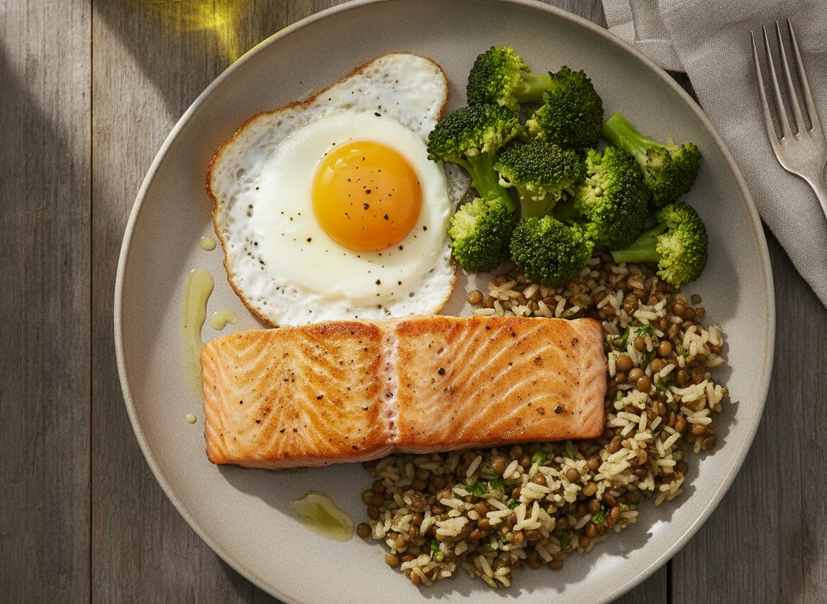 Salmón a la plancha con huevo, brócoli y mezcla de granos photo