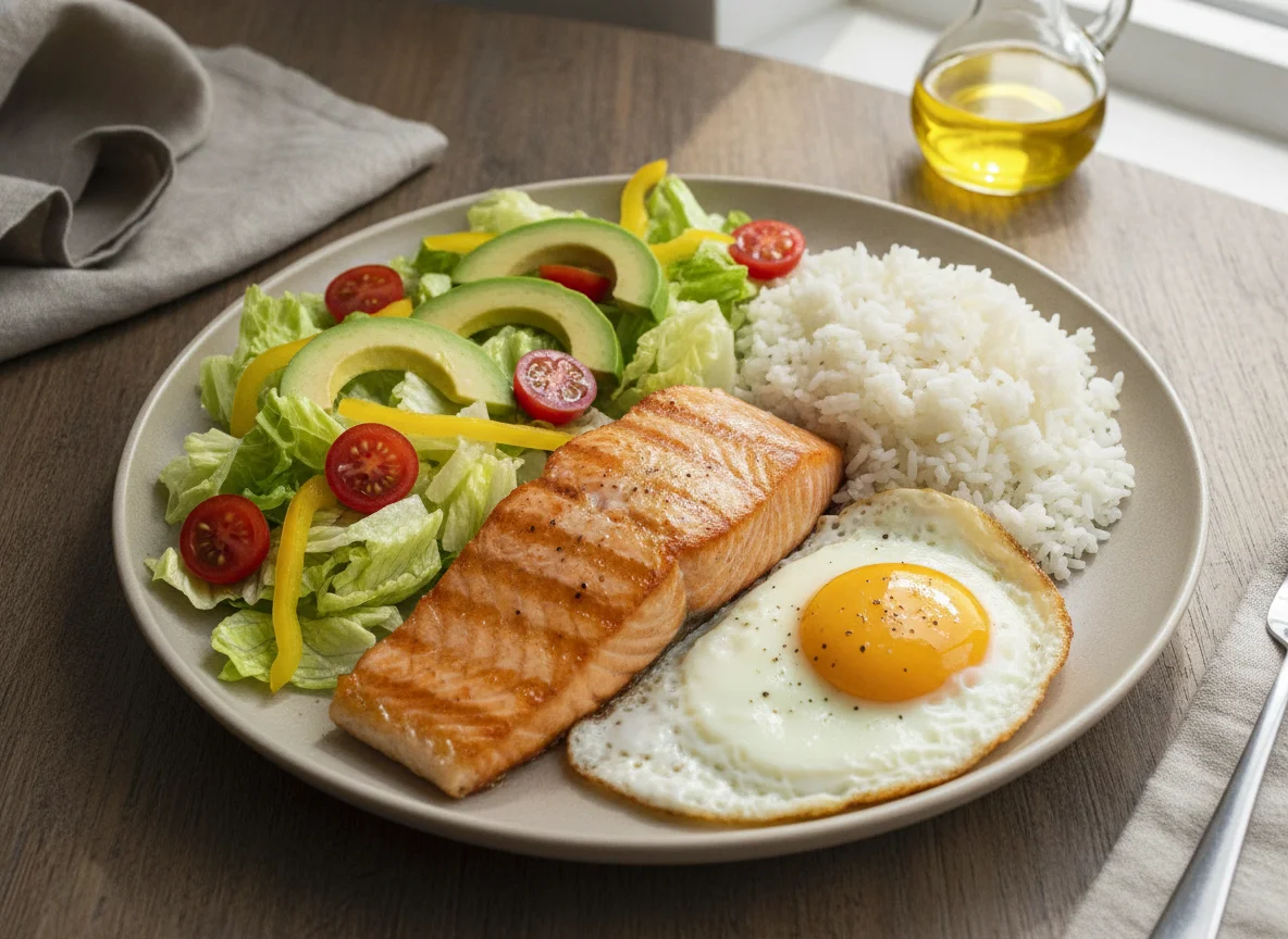 Salmón a la plancha con huevos fritos, arroz y ensalada photo