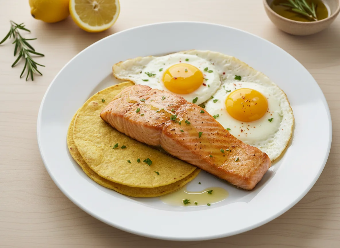 Salmón a la plancha con huevos fritos y tortilla photo