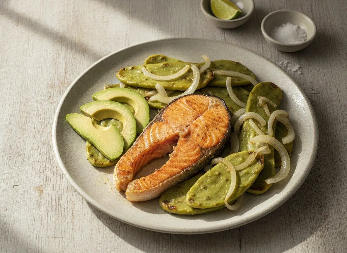 Salmón a la plancha con nopales y aguacate photo