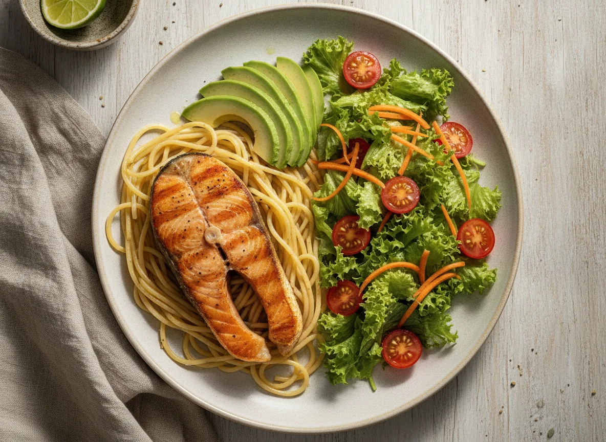 Salmón a la plancha con pasta, aguacate y ensalada photo
