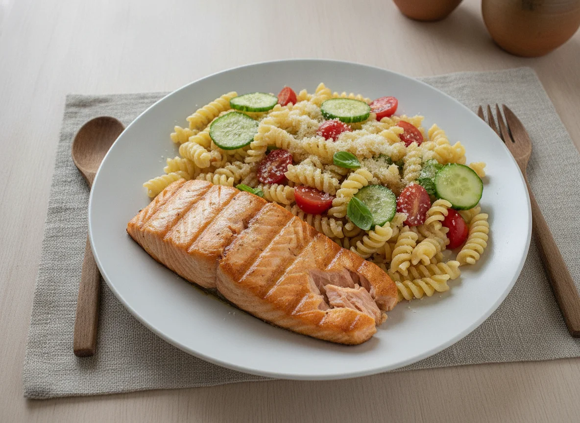 Salmón a la plancha con pasta fusilli y ensalada de pepino y tomate photo