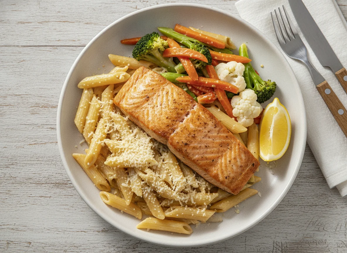 Salmón a la plancha con pasta penne y vegetales photo