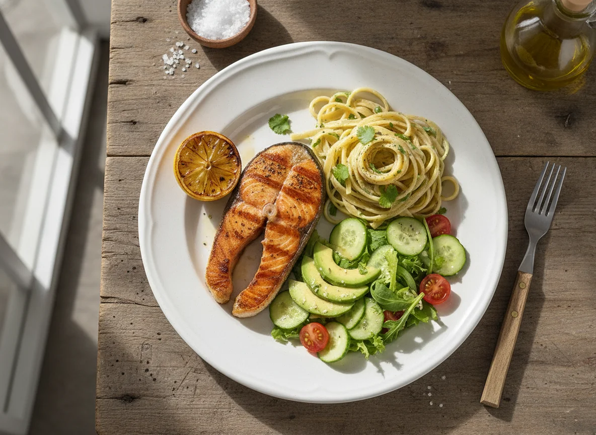 Salmón a la plancha con pasta y ensalada photo