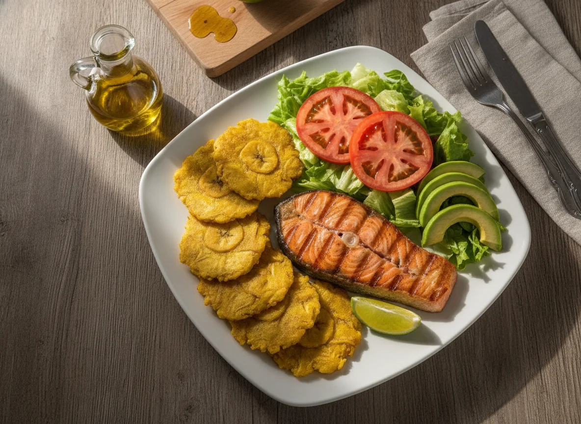 Salmón a la plancha con patacones y ensalada photo