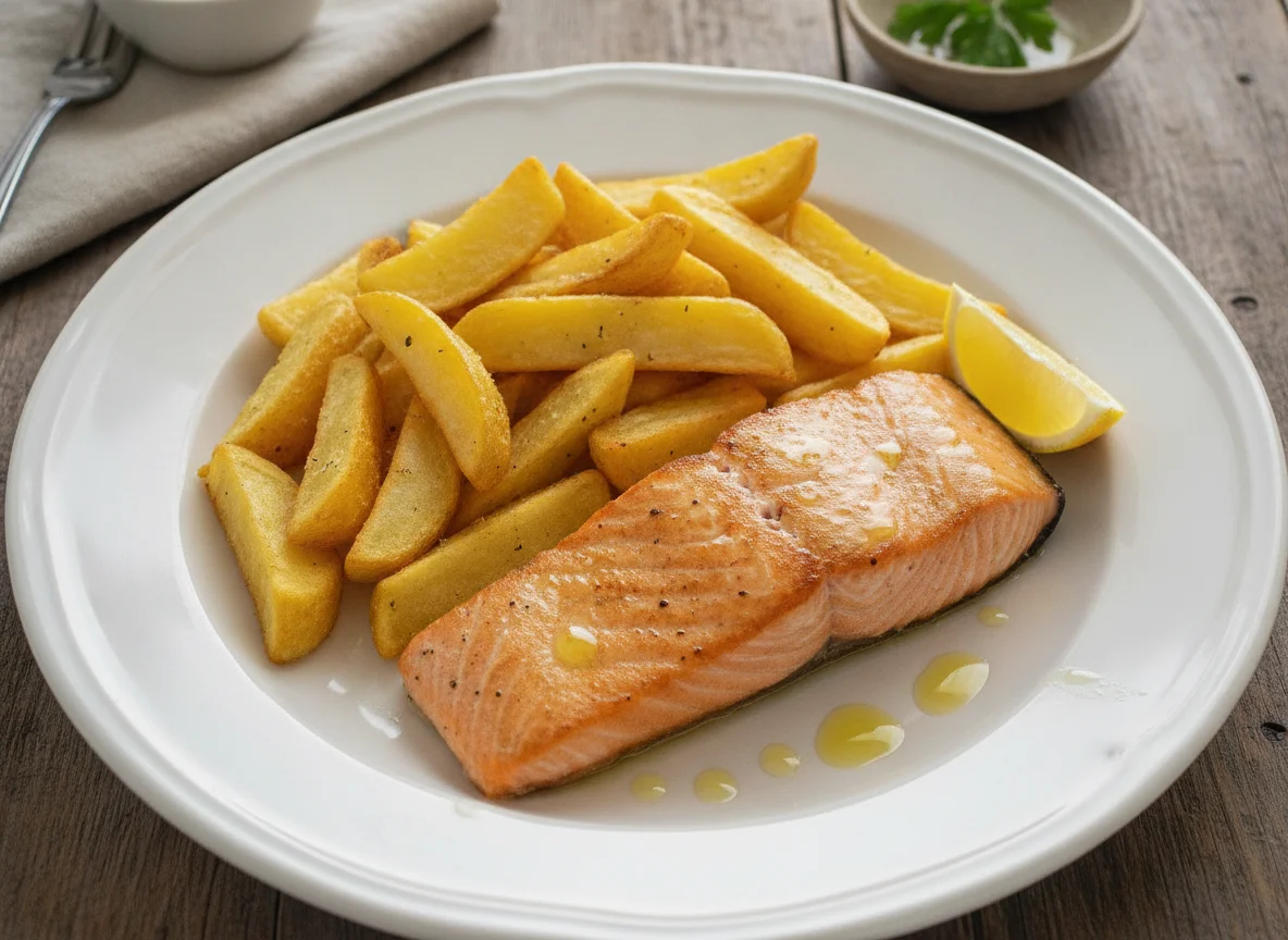Salmón a la plancha con patatas fritas photo