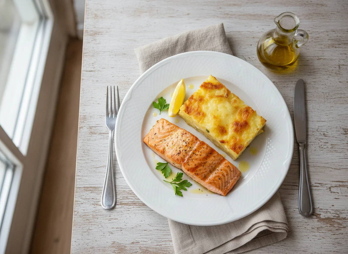 Salmón a la plancha con patatas gratinadas photo