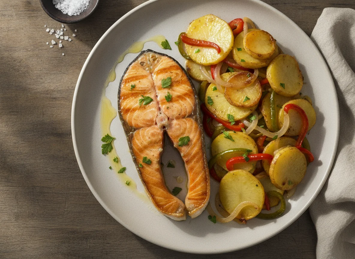 Salmón a la plancha con patatas panaderas y verduras photo