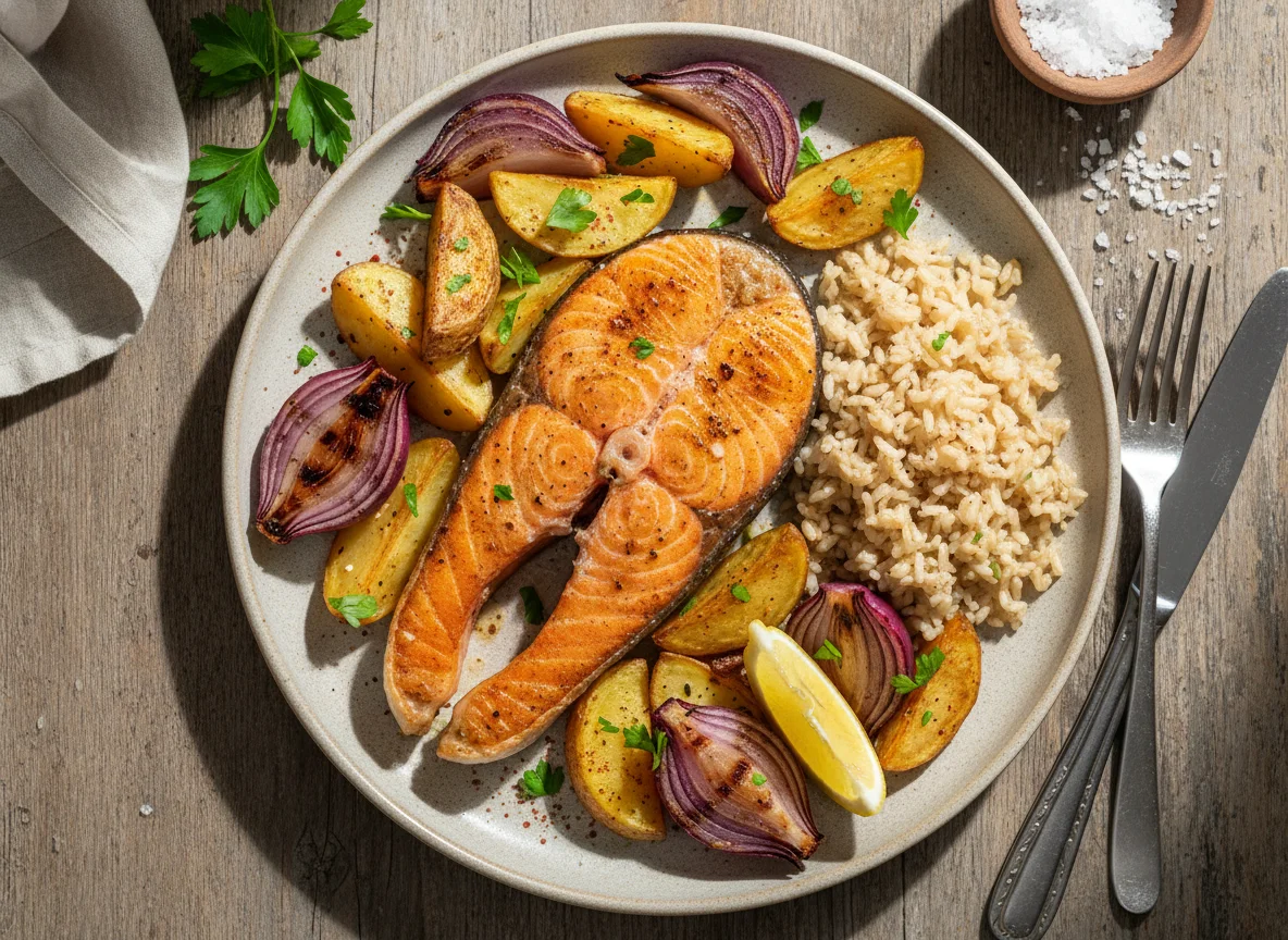 Salmón a la plancha con patatas y cebolla y arroz integral photo