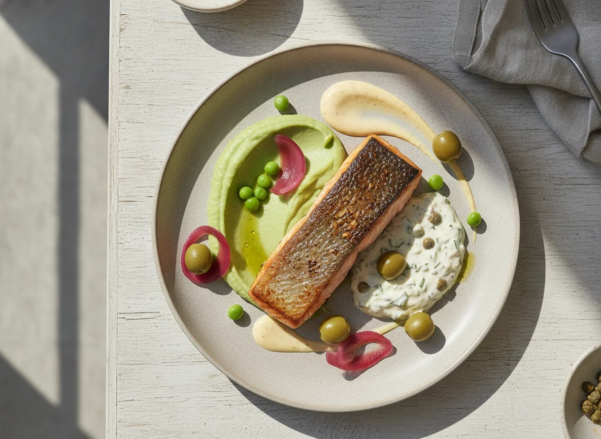 Salmón a la plancha con puré de guisantes y salsa tártara photo