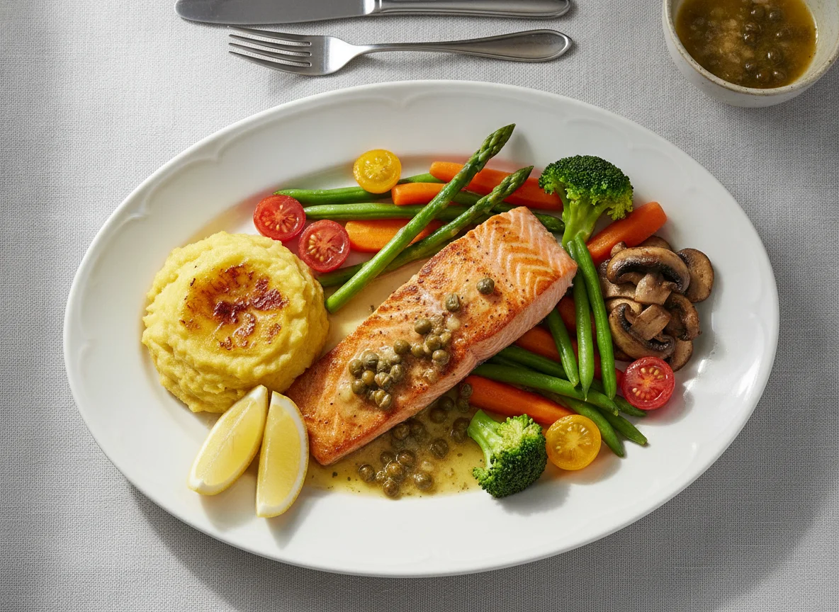 Salmón a la plancha con puré de plátano y vegetales photo