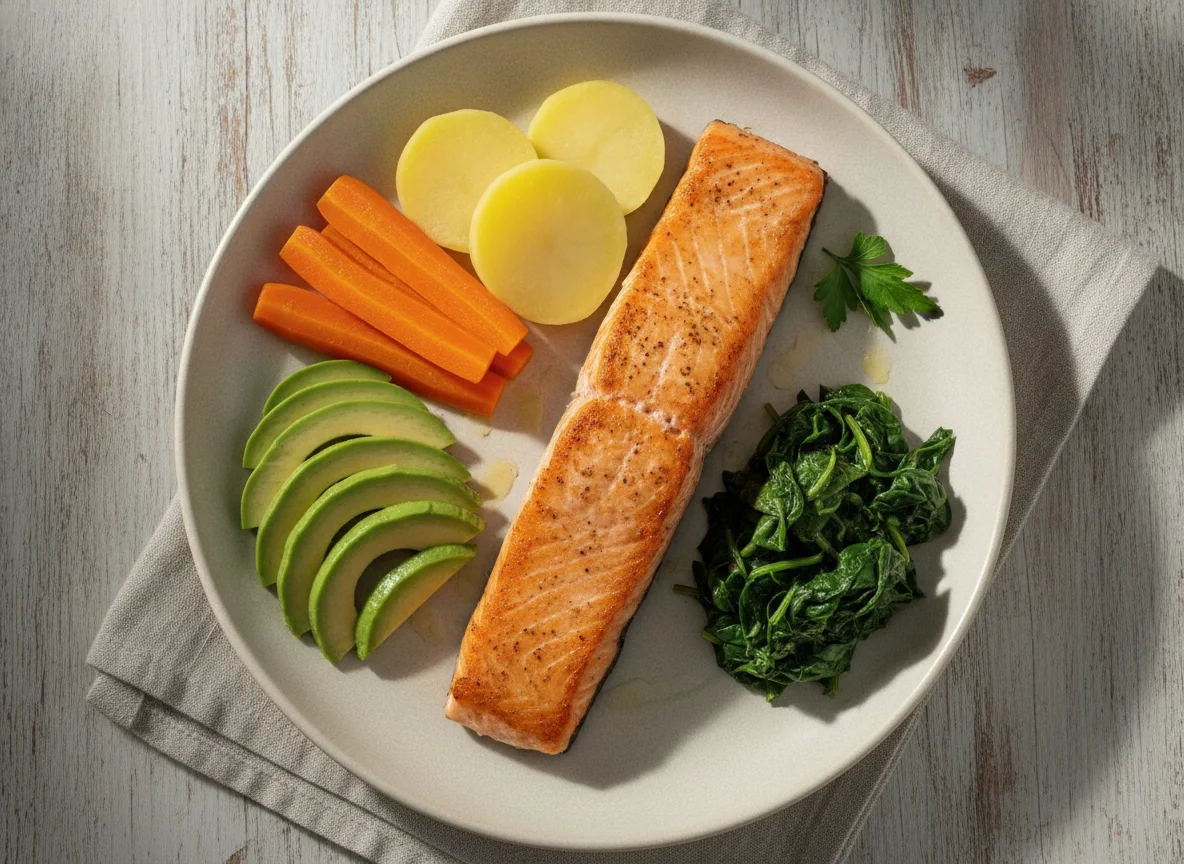 Salmón a la plancha con verduras al vapor y aguacate photo