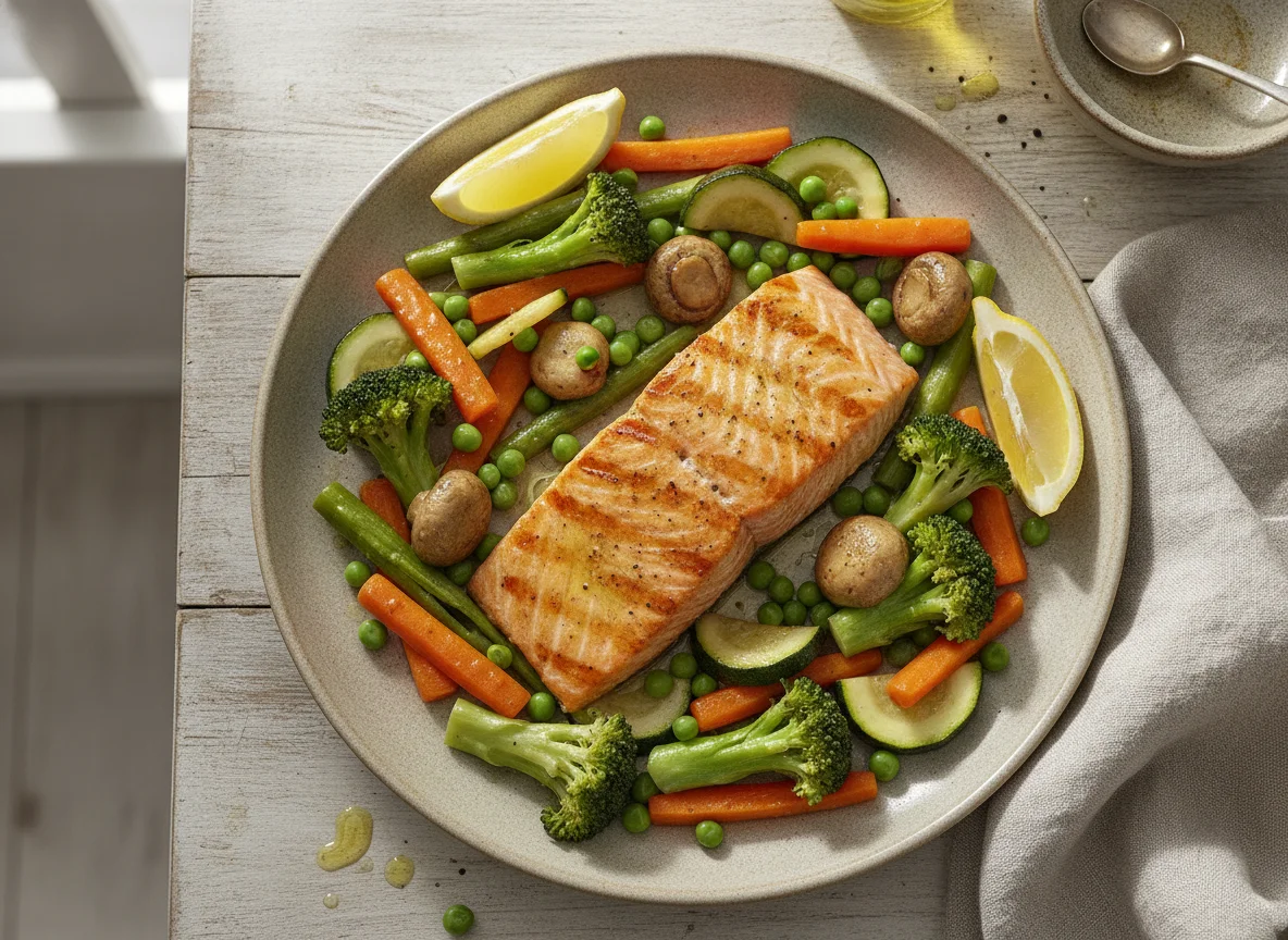 Salmón a la plancha con verduras mixtas photo