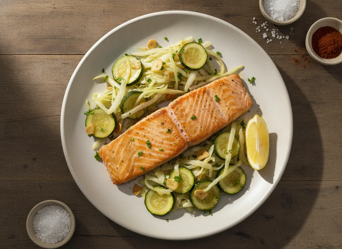 Salmón a la plancha con verduras salteadas photo