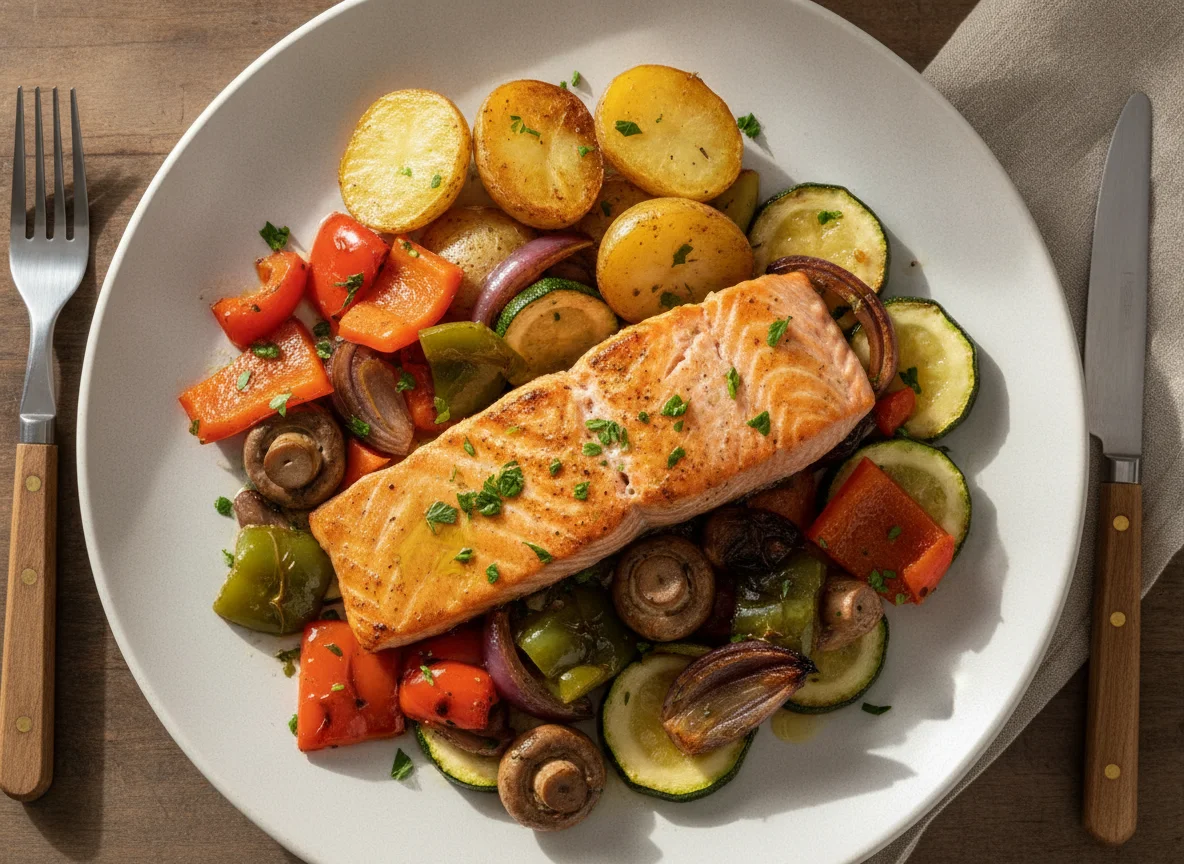 Salmón a la plancha con verduras y patatas photo