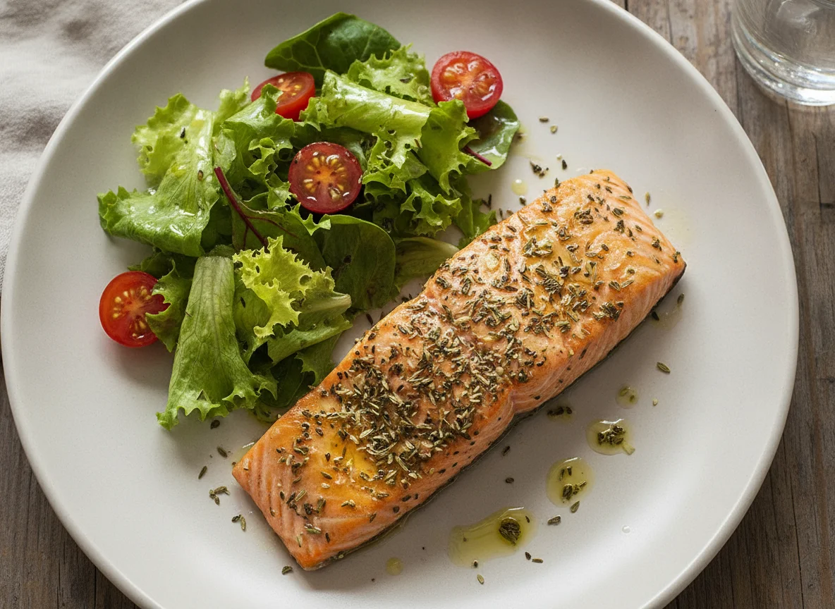 Salmón a las finas hierbas con ensalada photo