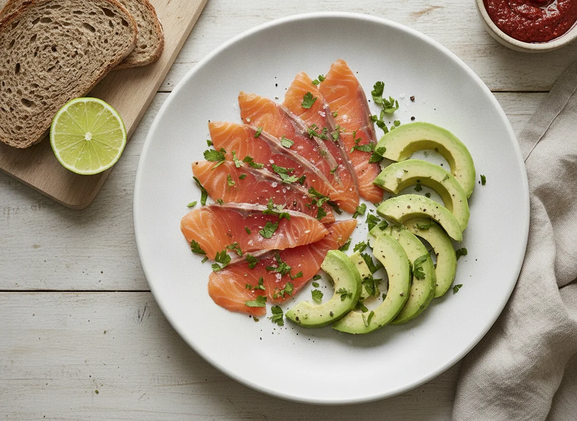 Salmón ahumado con aguacate y pan de centeno photo