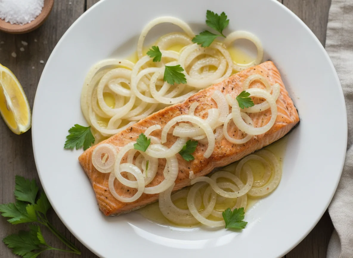 Salmón al horno con cebolla photo
