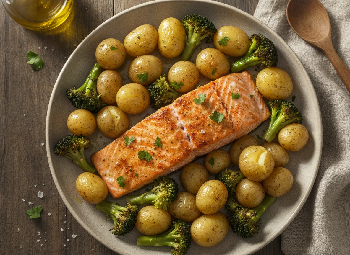 Salmón al horno con patatas baby y brócoli photo