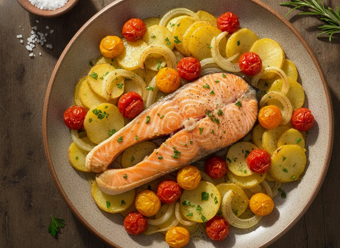 Salmón al horno con patatas panadera y tomates cherry photo
