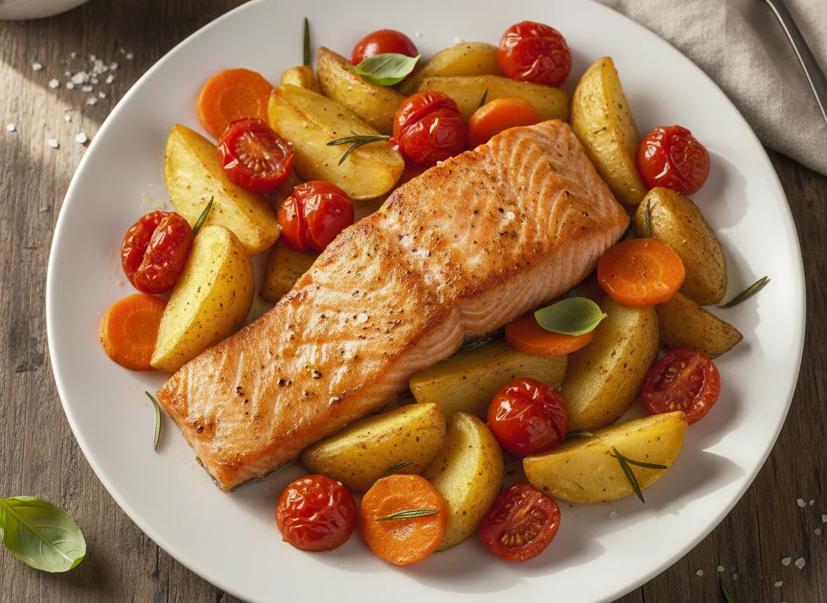 Salmón al horno con patatas y tomates cherry photo