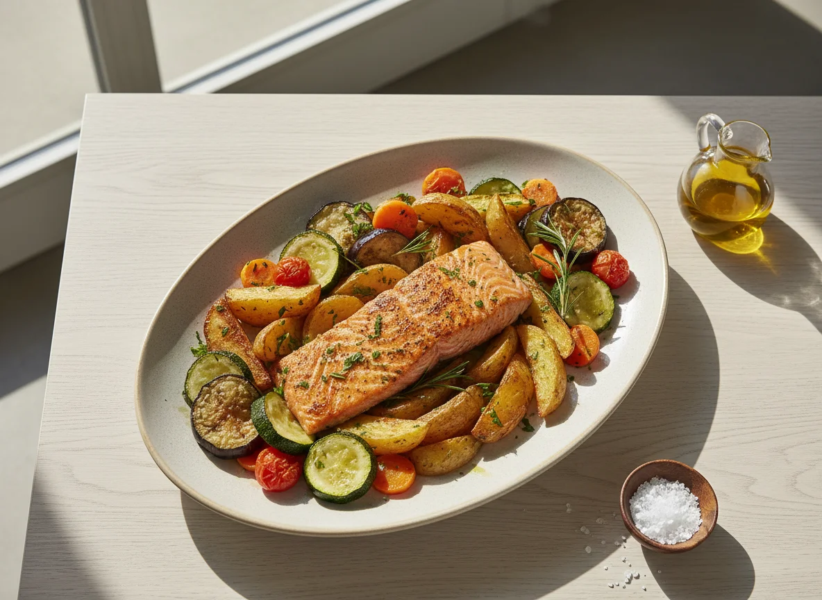 Salmón al horno con patatas y verduras photo