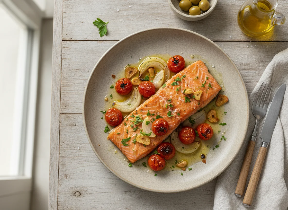 Salmón al horno con verduras photo
