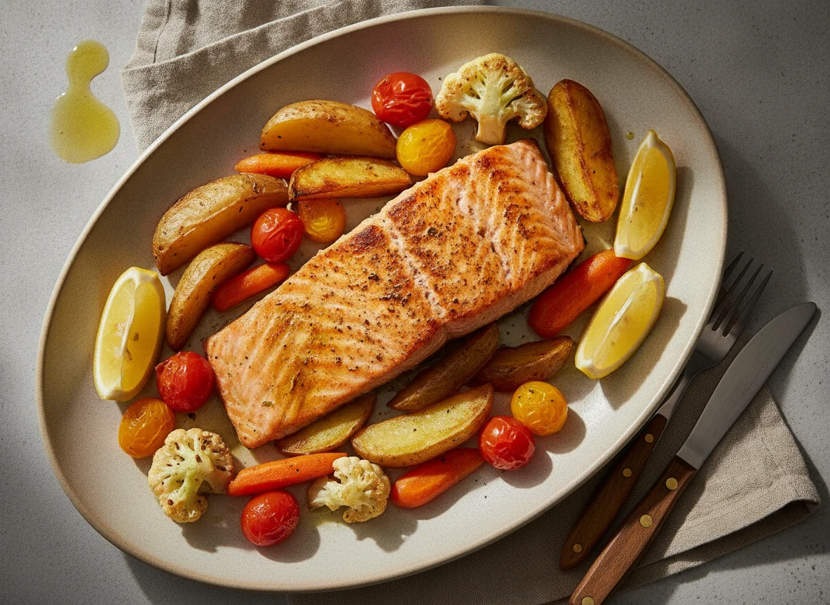 Salmón al horno con verduras y limón photo