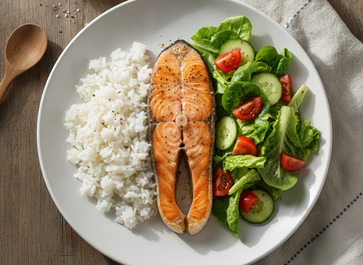 Salmón asado con arroz blanco y ensalada verde photo