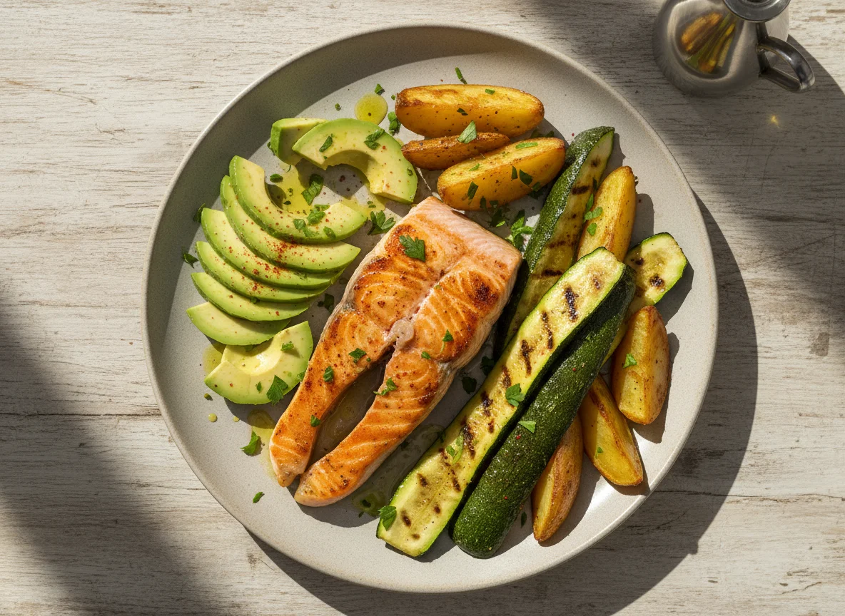 Salmón con aguacate, patatas y calabacín a la plancha photo