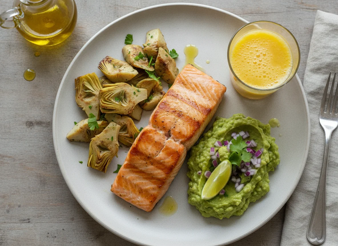 Salmón con alcachofas, guacamole y zumo de mango photo