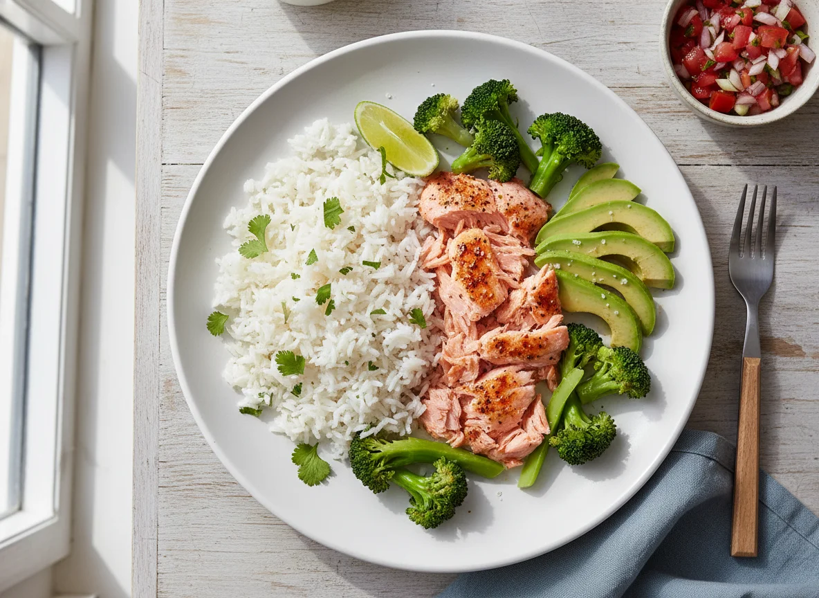 Salmón con arroz, aguacate y brócoli photo