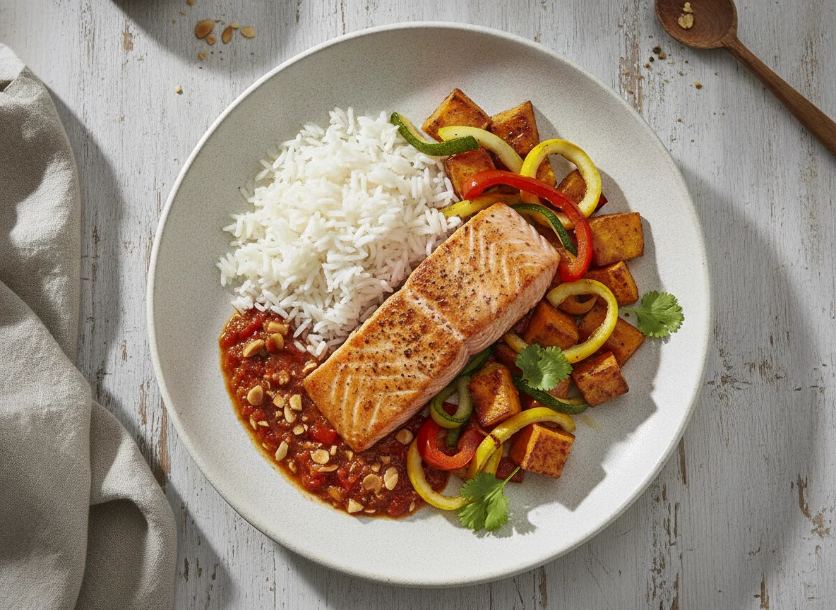 Salmón con arroz, boniato y verduras photo