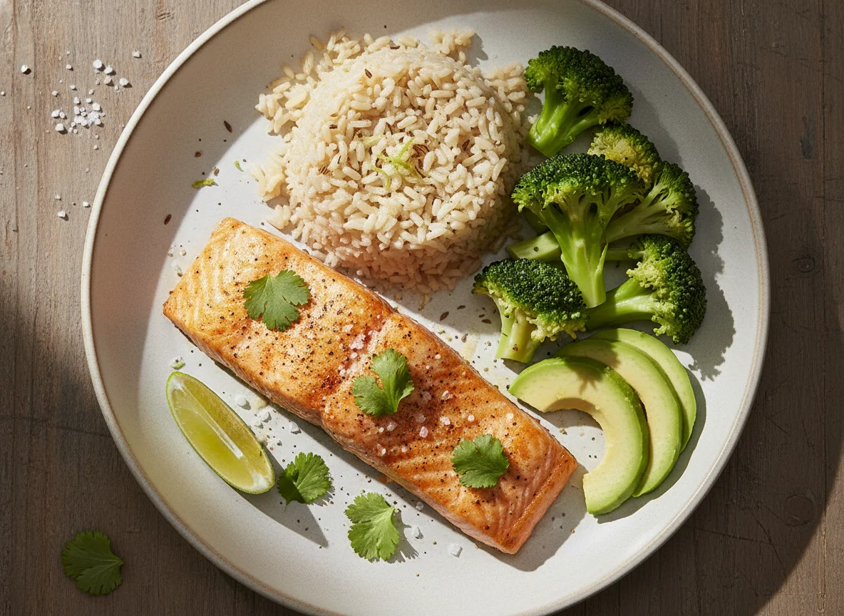 Salmón con arroz integral, brócoli y aguacate photo