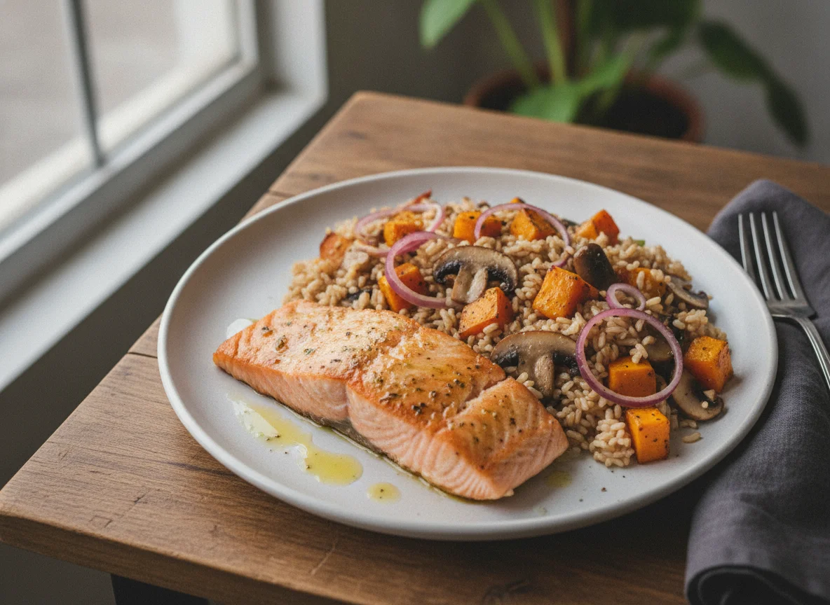 Salmón con arroz integral, calabaza y champiñones photo