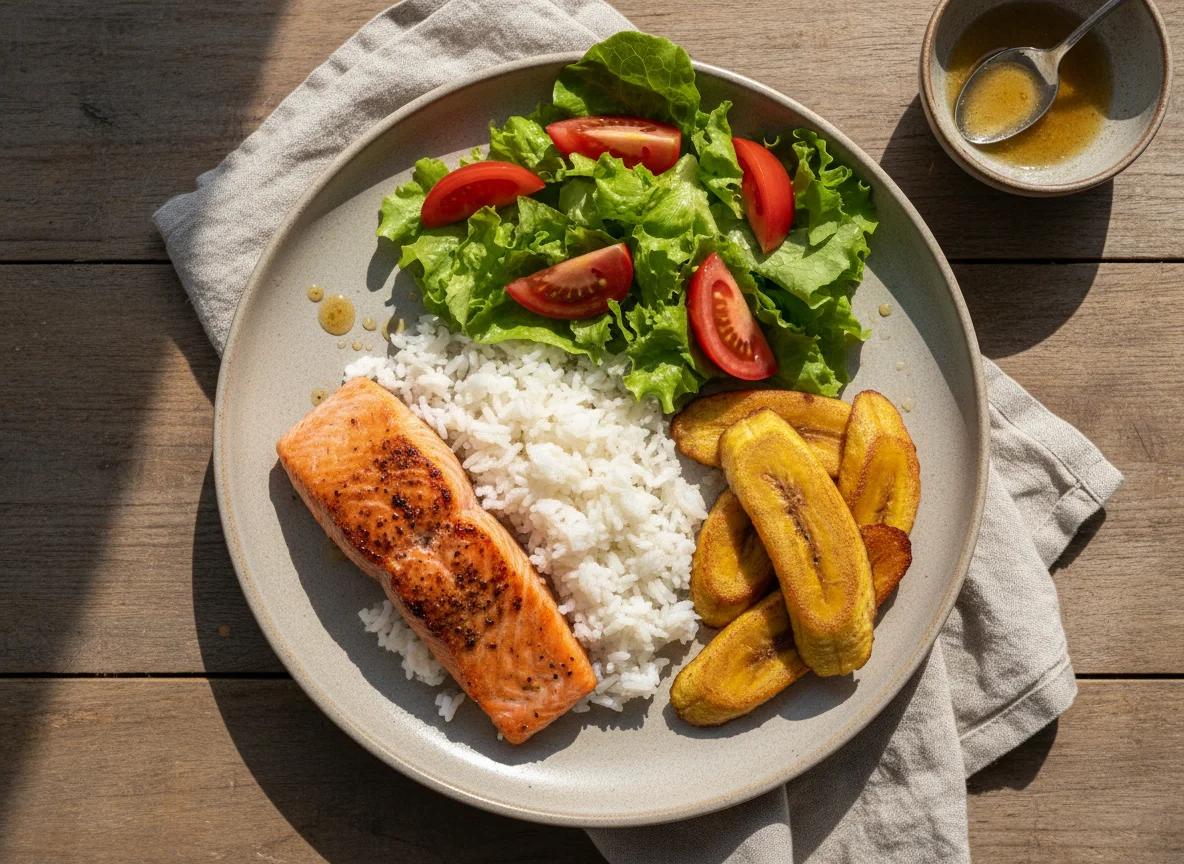 Salmón con arroz, plátano maduro y ensalada photo
