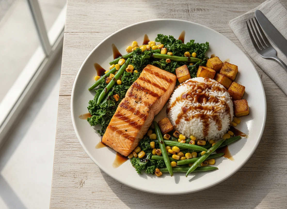 Salmón con arroz, plátano maduro y vegetales photo