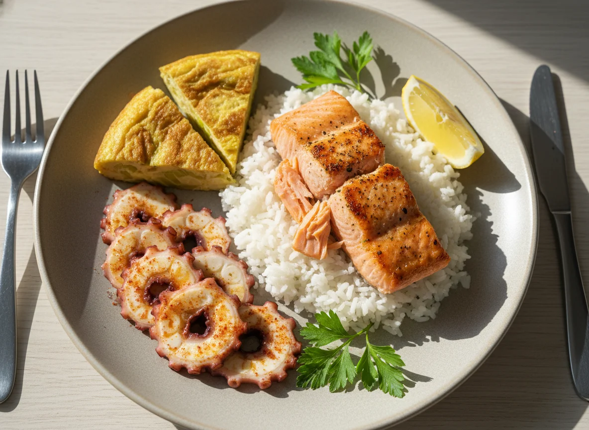 Salmón con arroz, pulpo y tortilla de puerro photo