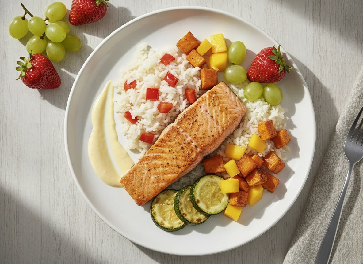Salmón con arroz, verduras y fruta photo