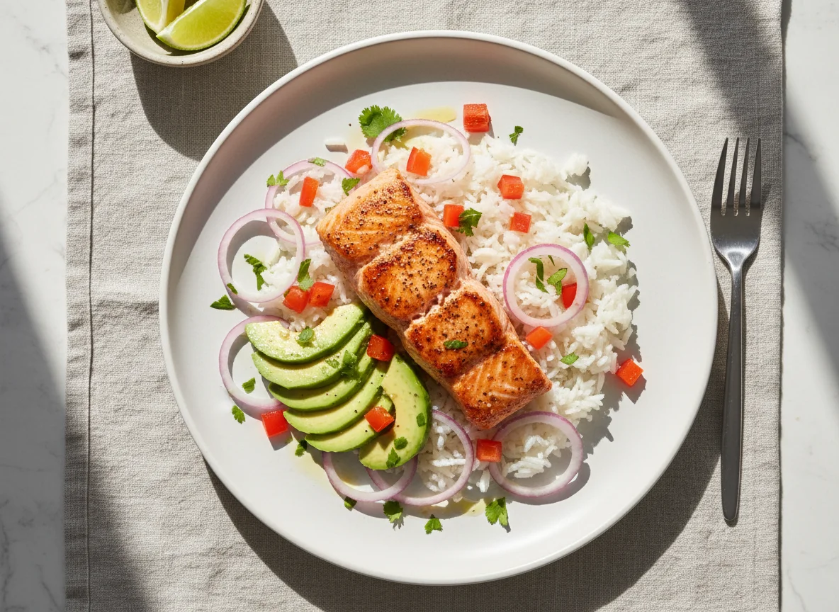 Salmón con arroz y aguacate photo