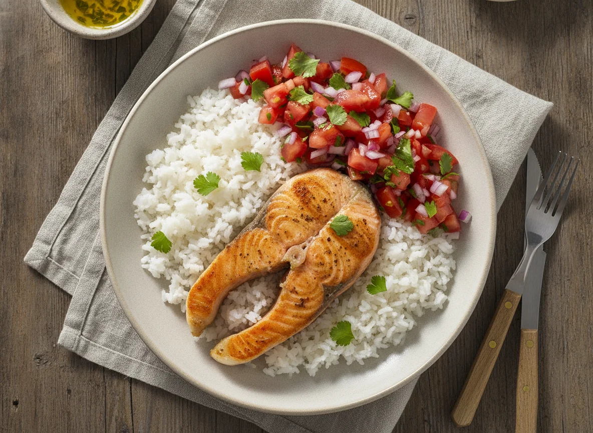 Salmón con arroz y ensalada de tomate photo