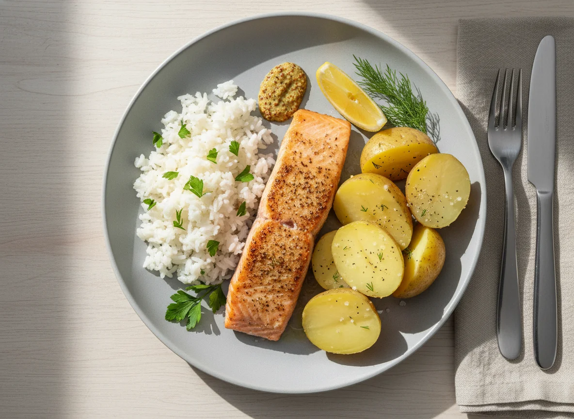 Salmón con arroz y patatas photo