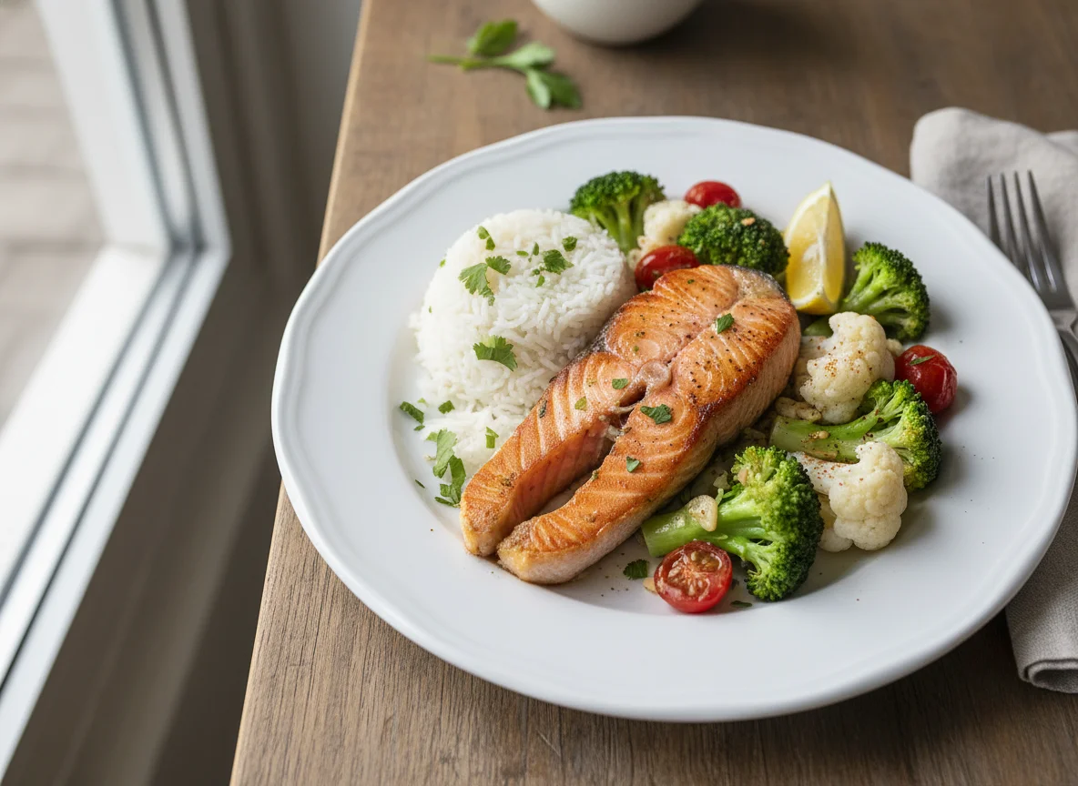 Salmón con arroz y vegetales photo