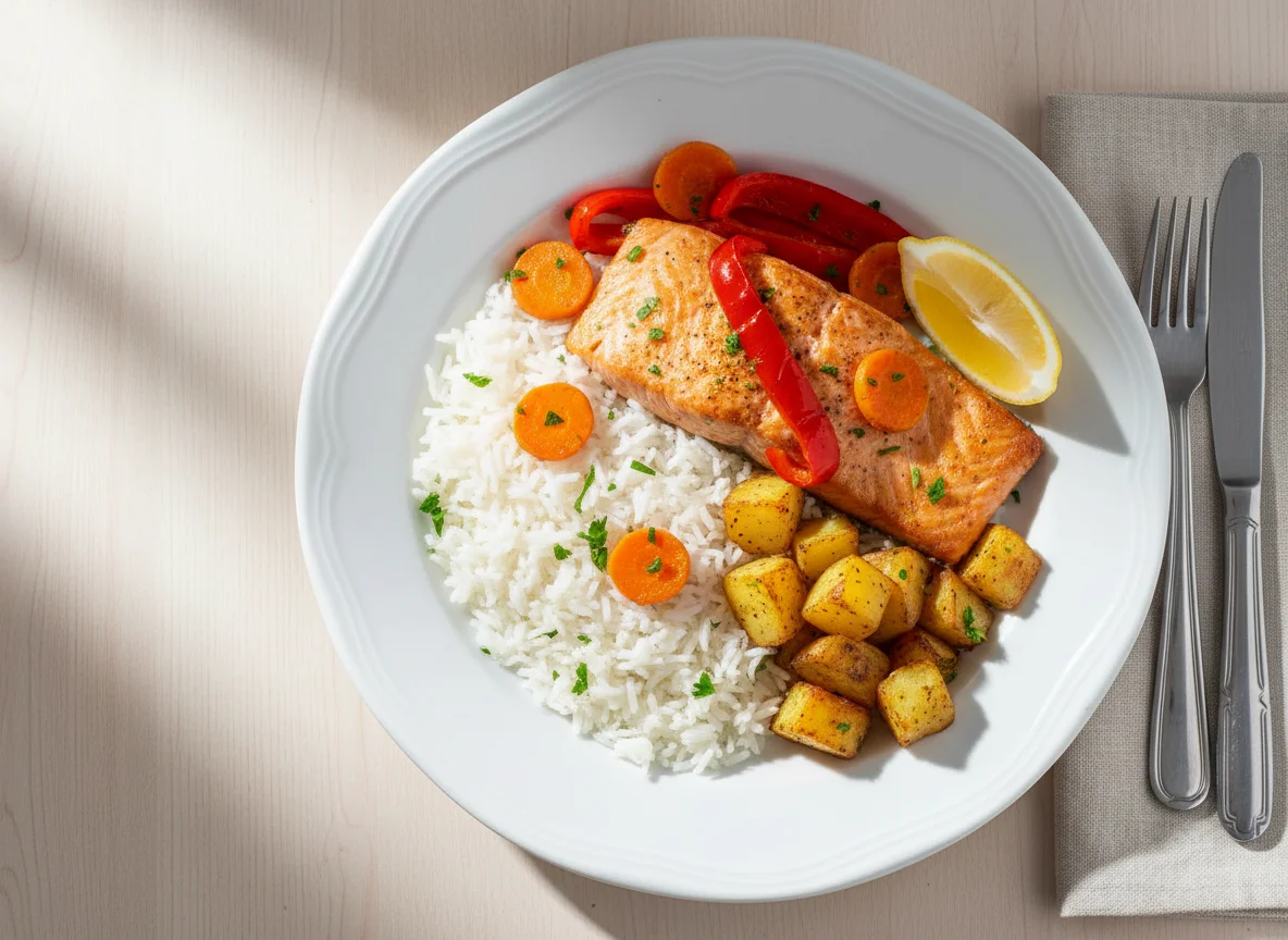 Salmón con arroz y verduras photo