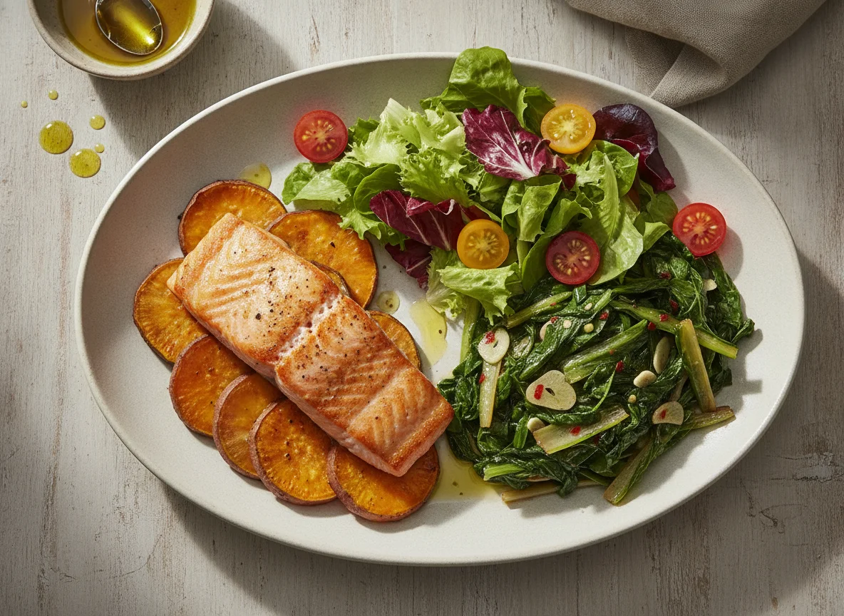 Salmón con boniato, acelgas y ensalada photo