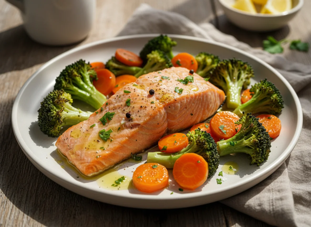 Salmón con brócoli y zanahorias photo